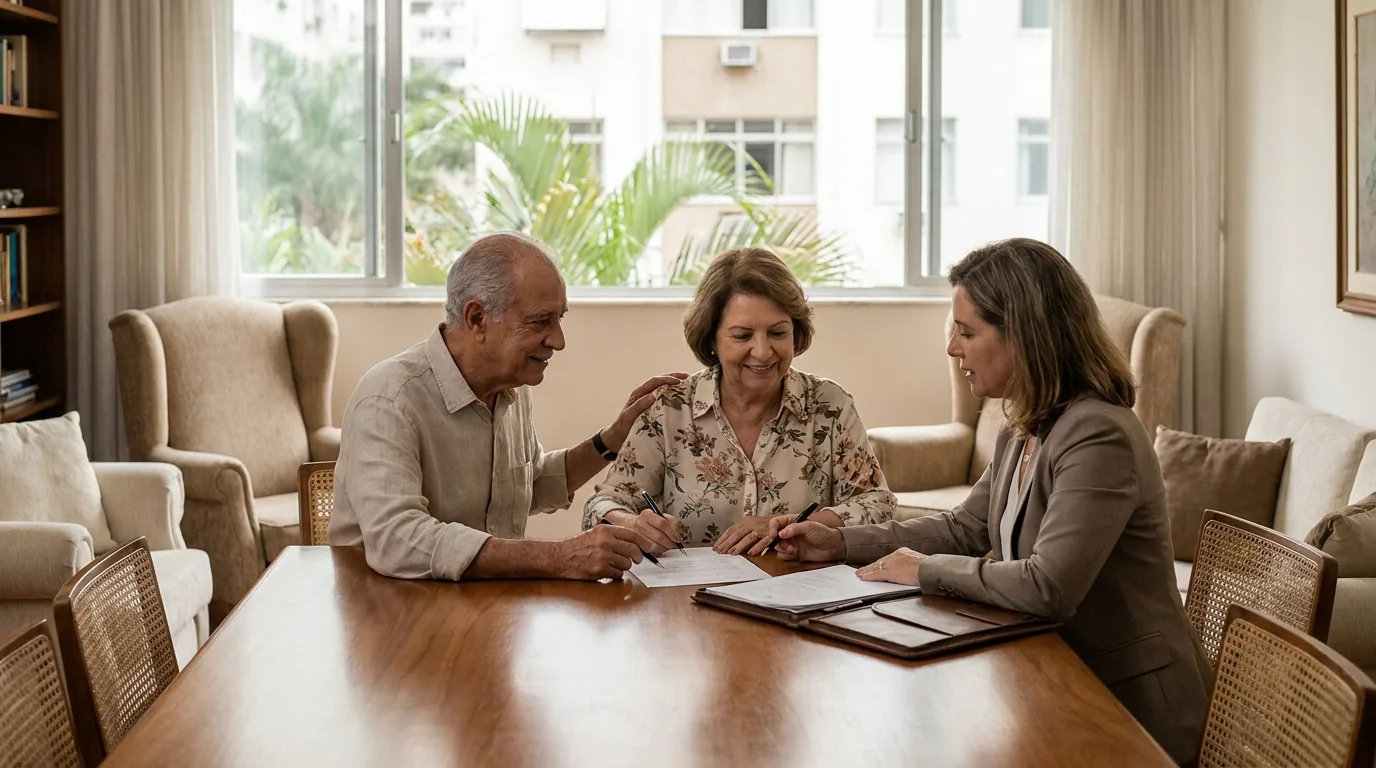 Casal assinando documento de doação em vida como parte do planejamento sucessório