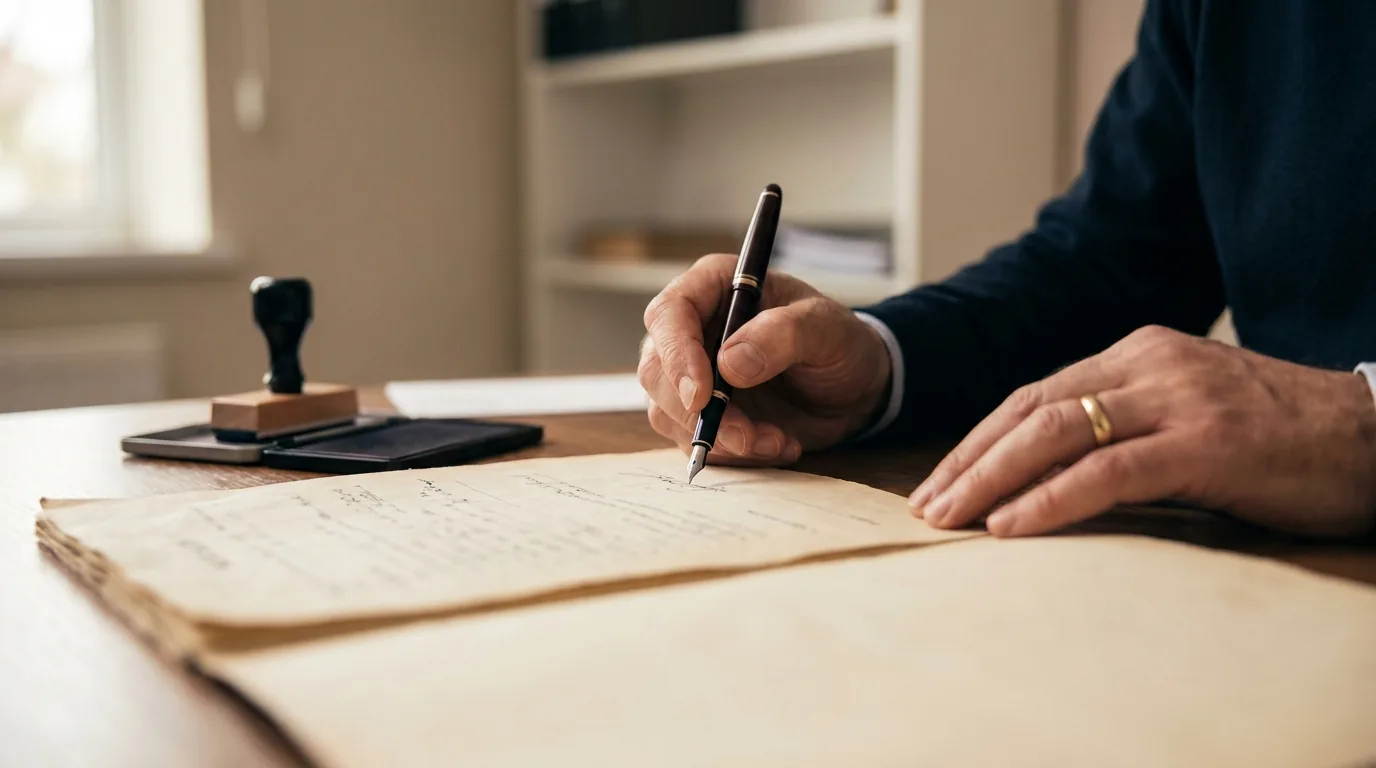 Mesa de cartório de notas com escritura pública de inventário e partilha sendo assinada