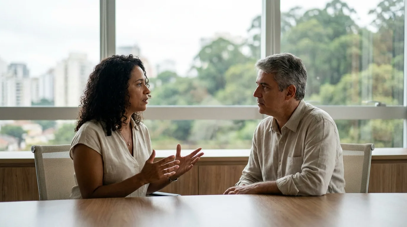 Advogada orientando cliente sobre exoneração de pensão alimentícia em reunião