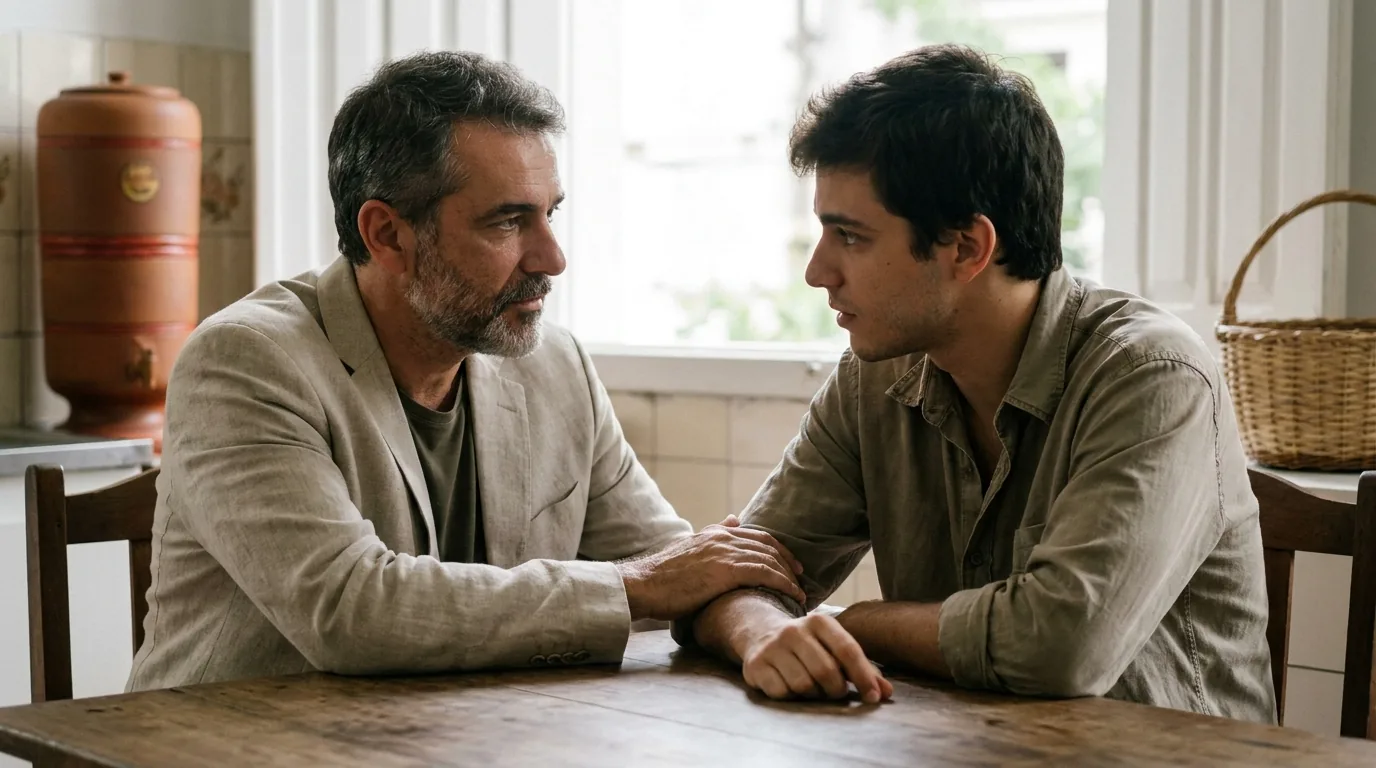 Pai e filho adulto conversando sobre pensão alimentícia à mesa