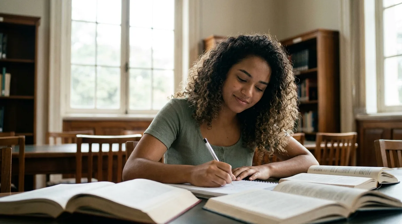 Estudante universitário em biblioteca, situação que costuma manter a pensão alimentícia após os 18 anos