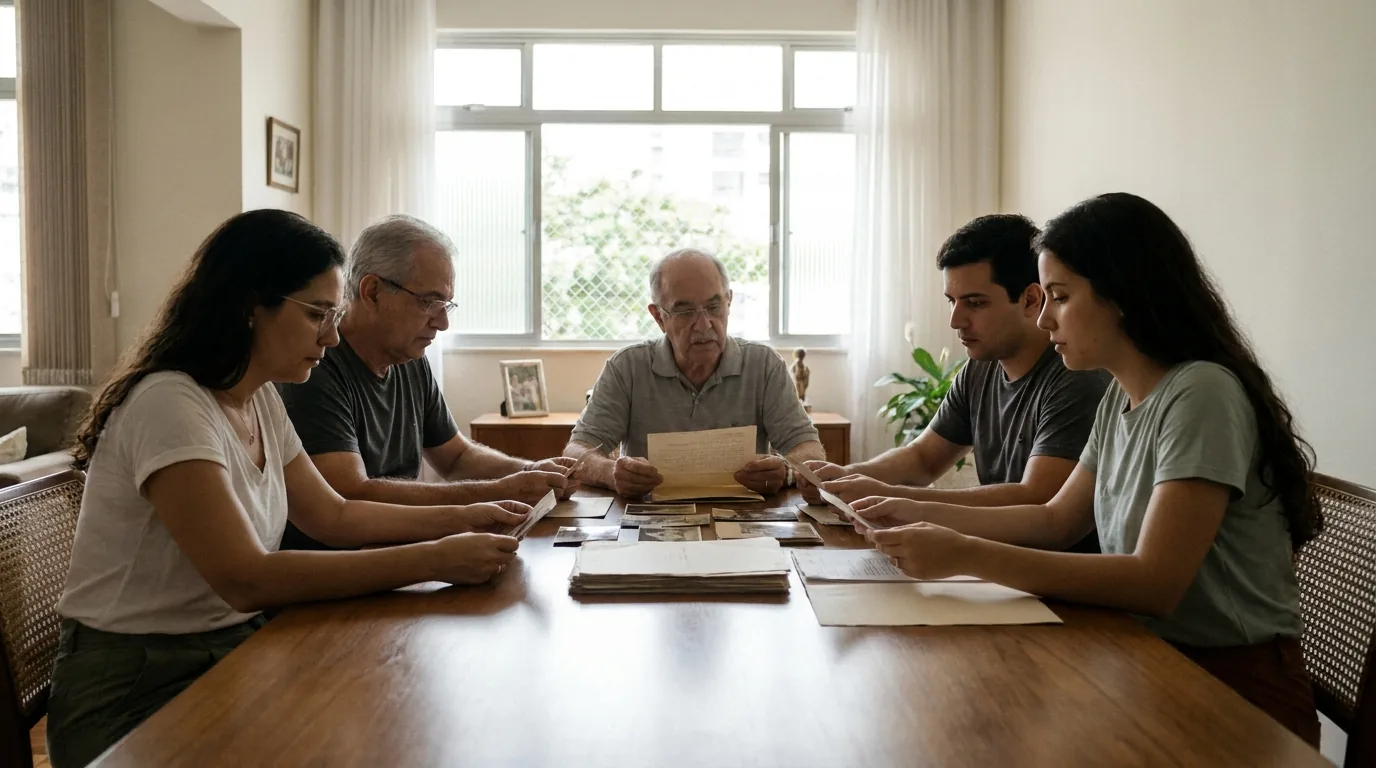 Família reunida analisando documentos de planejamento sucessório e doação em vida
