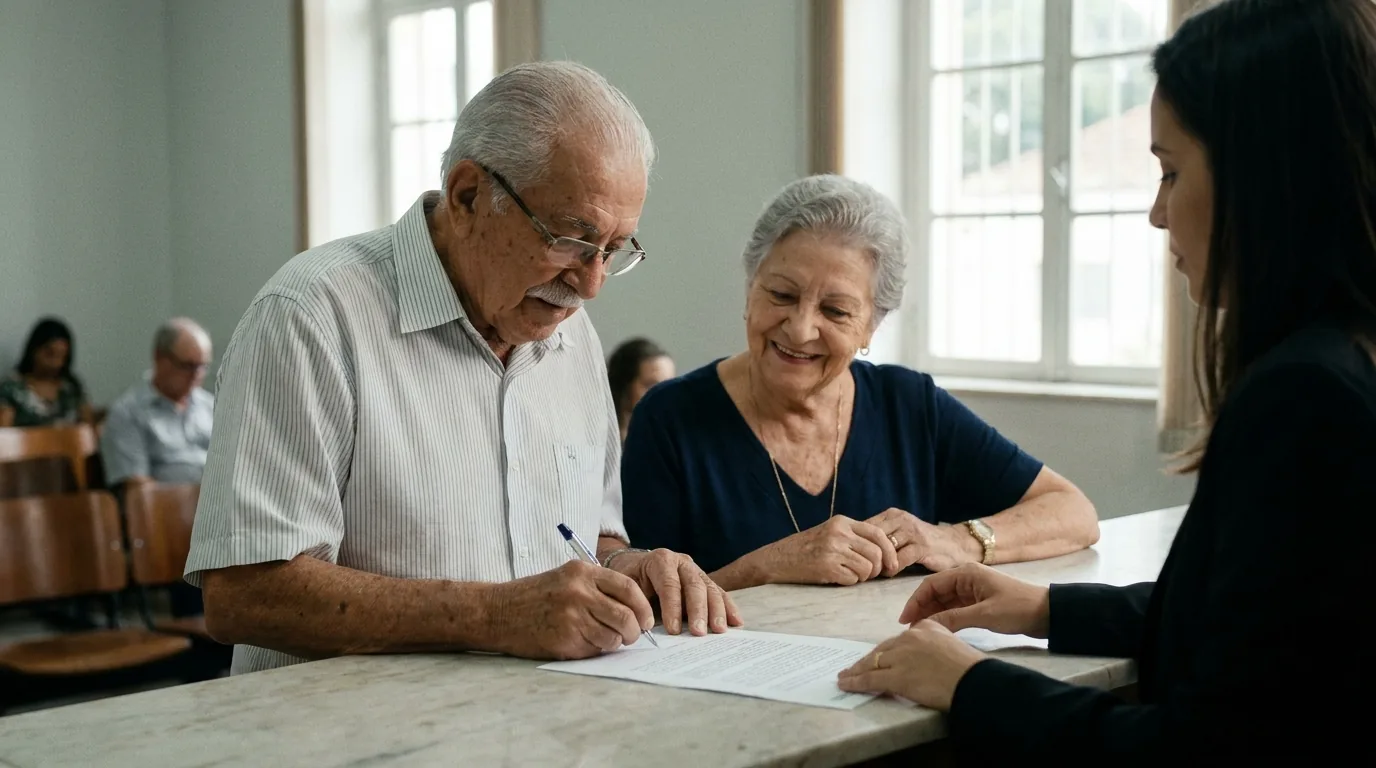 Casal de idosos assinando escritura de doação em vida com apoio de advogada