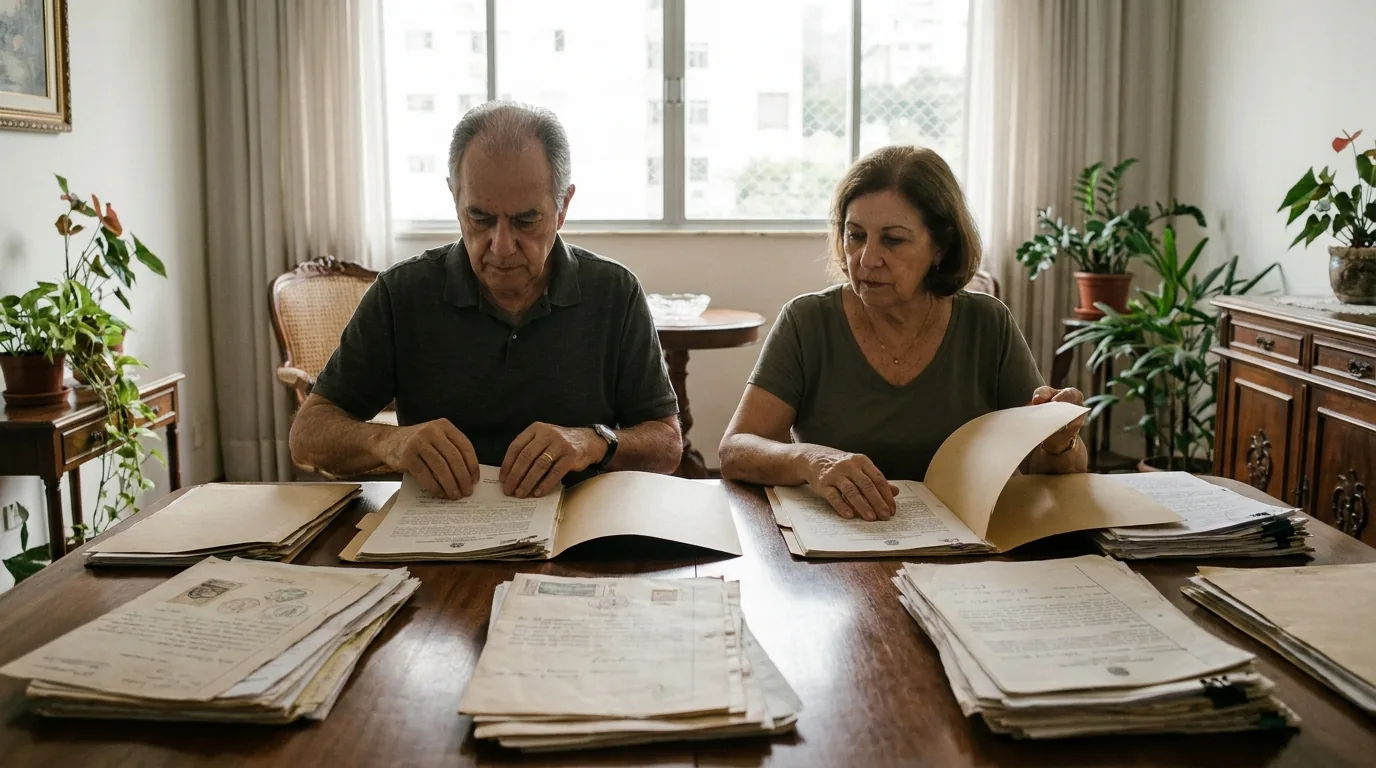 Herdeiros organizando certidões e matrículas de imóveis para abertura de inventário