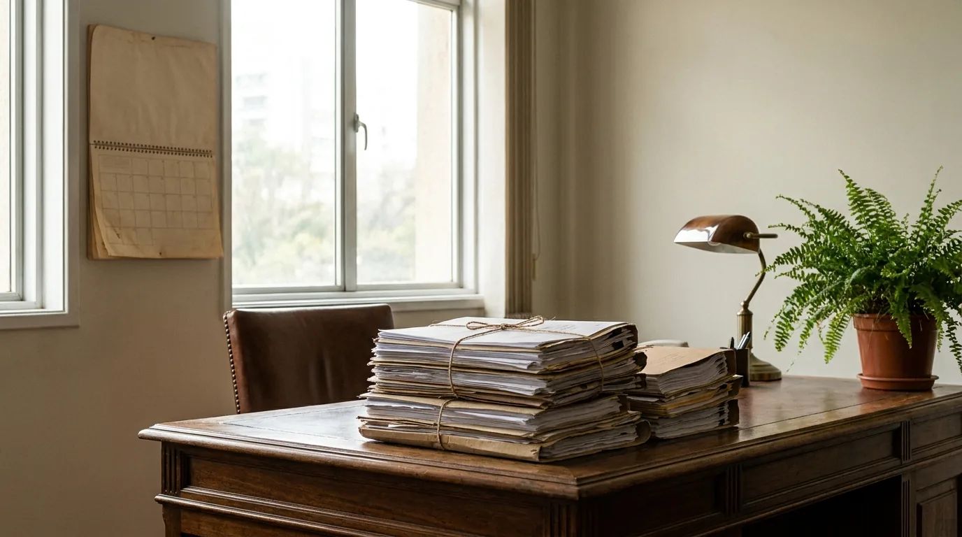 Calendário e documentos de inventário sobre mesa de escritório de advocacia