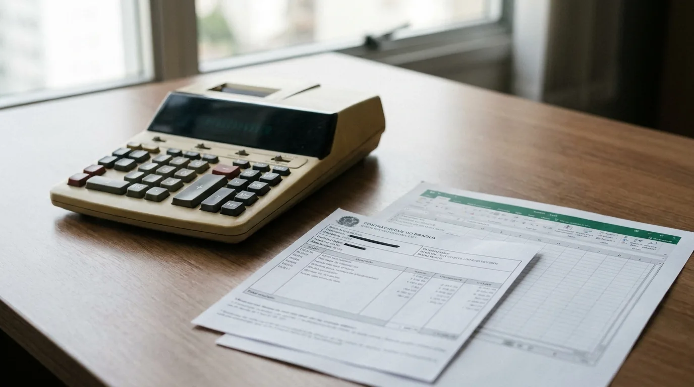 Calculadora, contracheque e planilha de despesas usados em ação revisional de alimentos