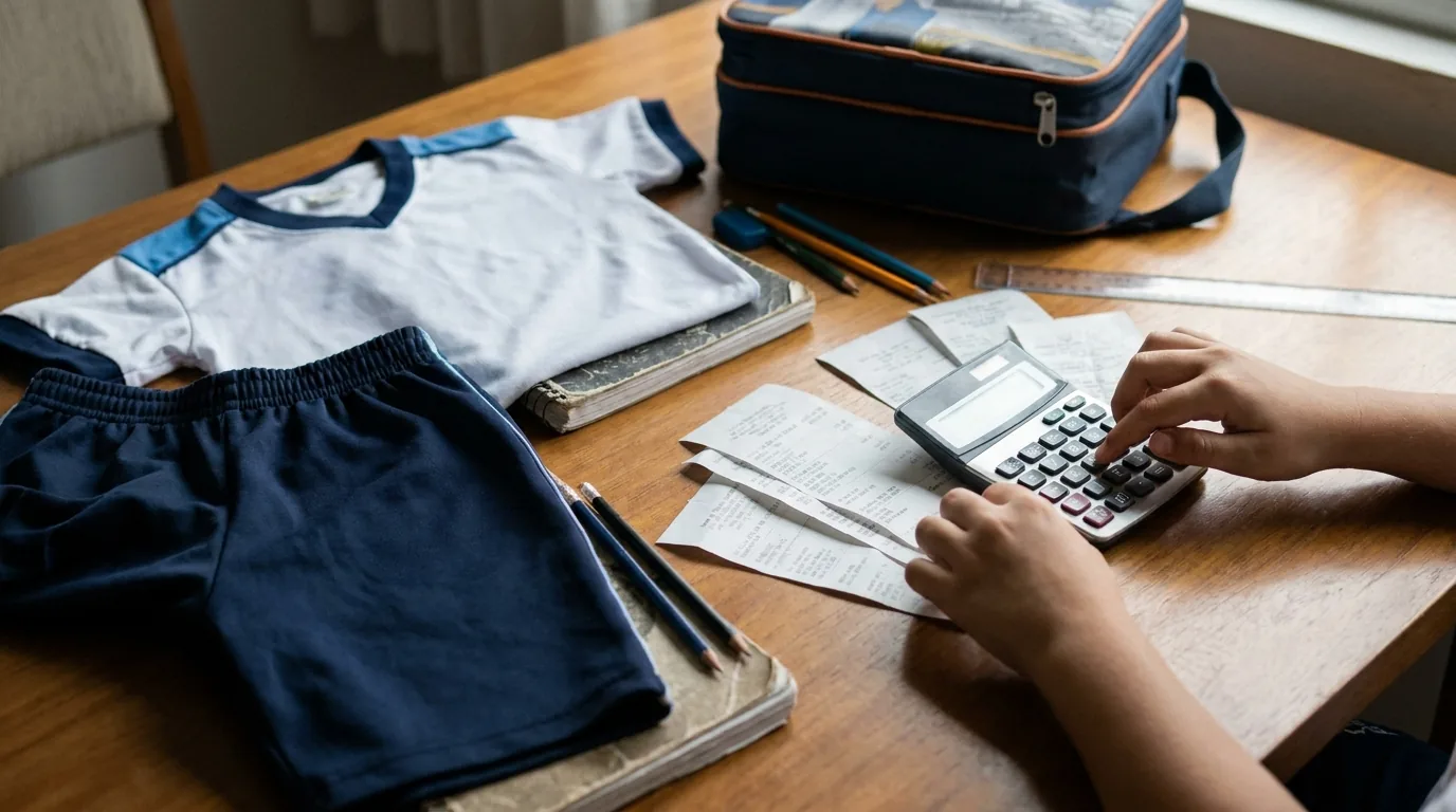 Mãe organizando recibos de escola e material escolar do filho para pedir aumento de pensão