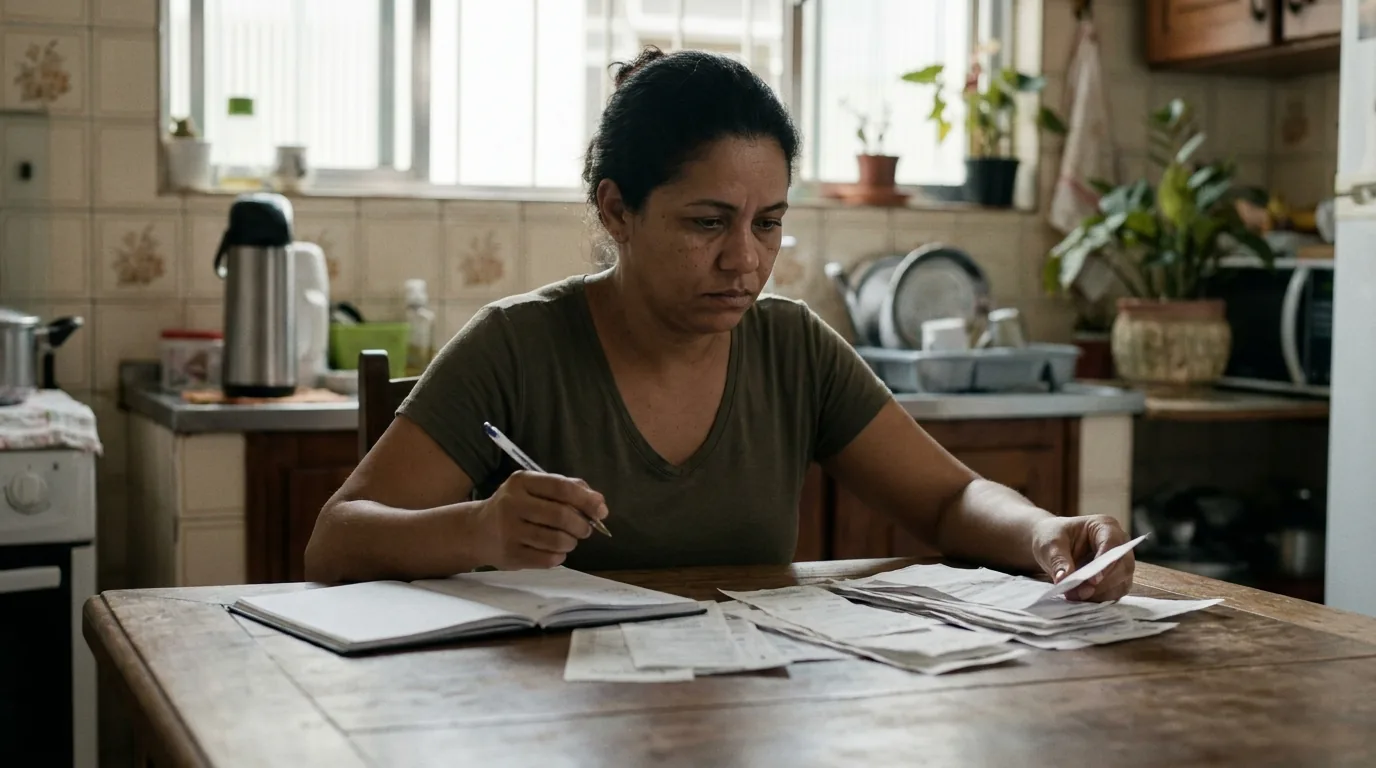 Mãe organizando contas e recibos escolares para pedir revisão de pensão alimentícia