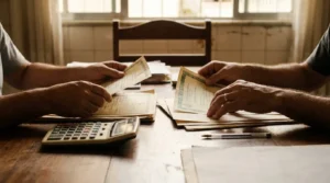Família calculando quanto custa um inventário com documentos e calculadora sobre a mesa